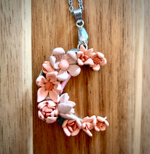 Load image into Gallery viewer, Peach-Pink Floral Crescent Moon Pendant
