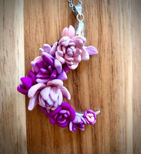 Load image into Gallery viewer, Lavender-Fuchsia Floral Crescent Moon Pendant
