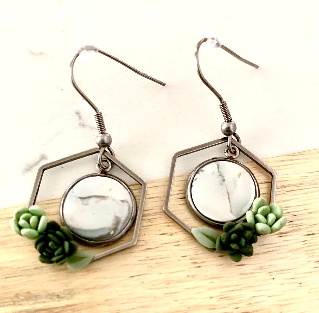 White Marble and Succulents Hexagon Dangles