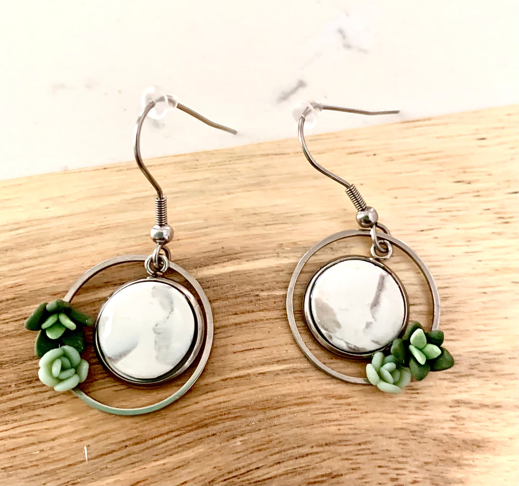 White Marble and Succulents Circle Dangles